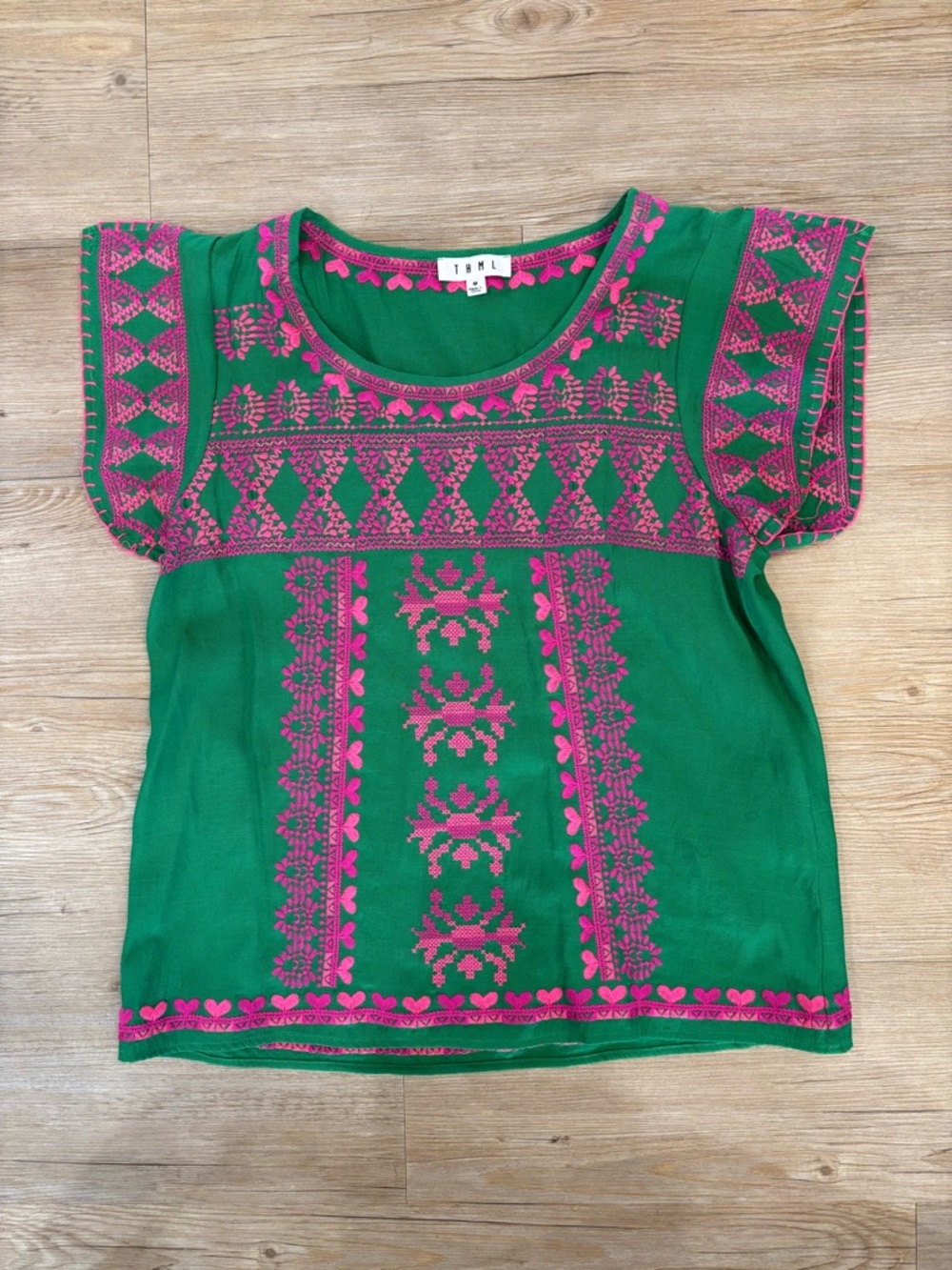 THML Green Top with Pink Embroidered Trim